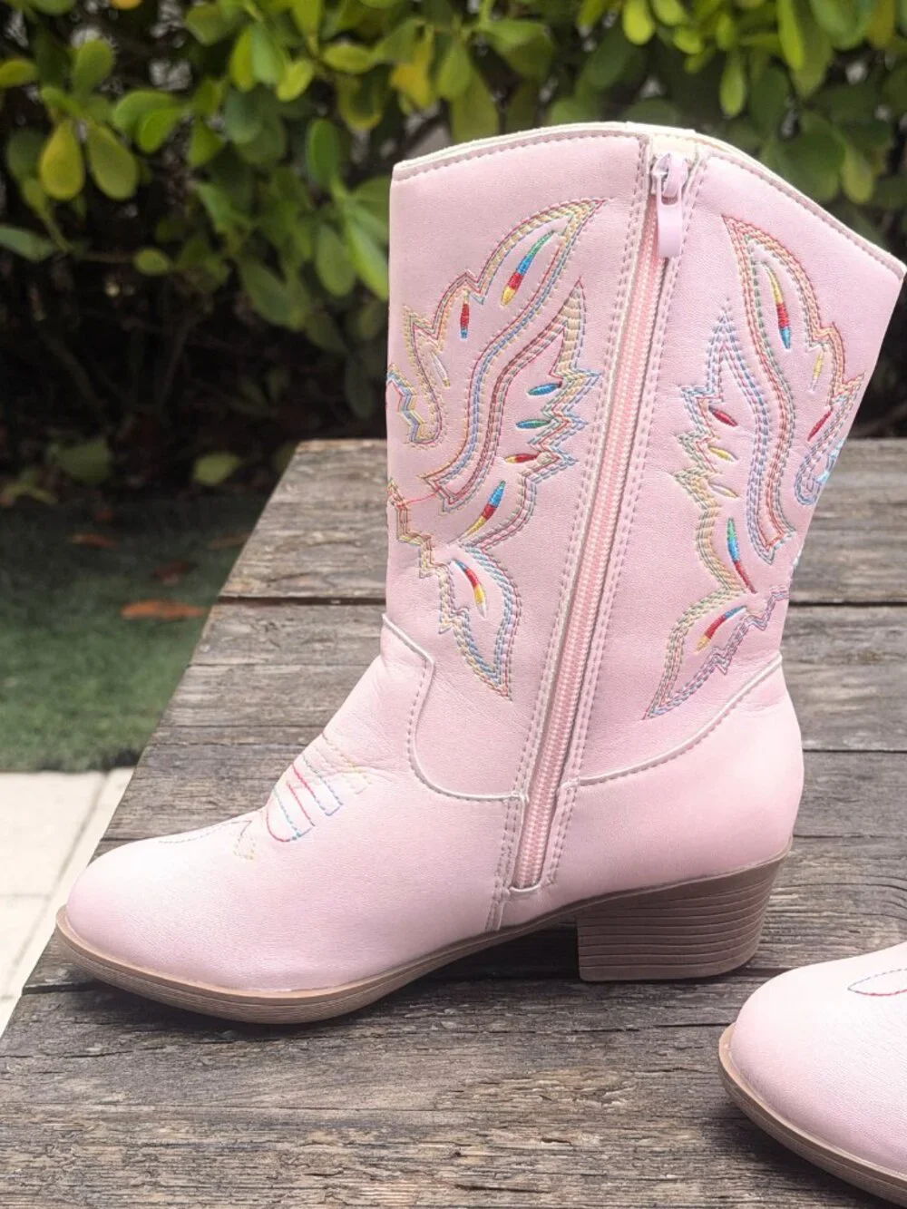 Kids Western Cowgirl Boots Girls Cowboy Boots Round Toe Pink Rainbow Stitch sz 1